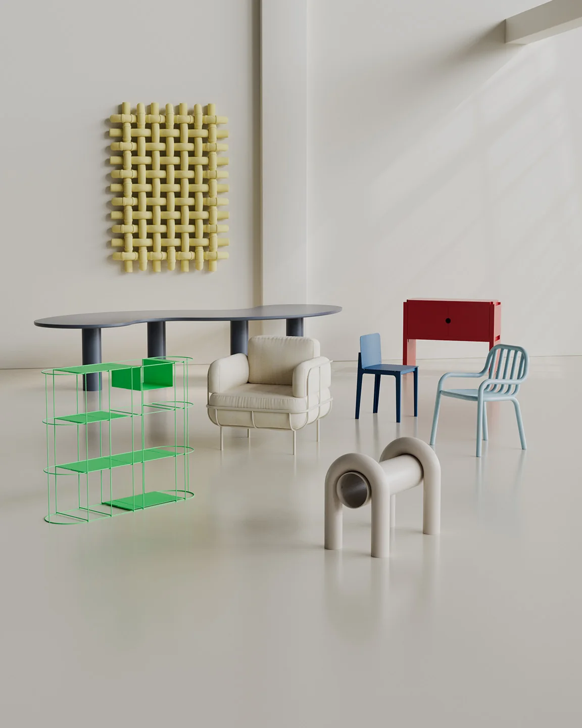 Bottone furniture collection — table, armchair, chairs, shelving and a wall piece