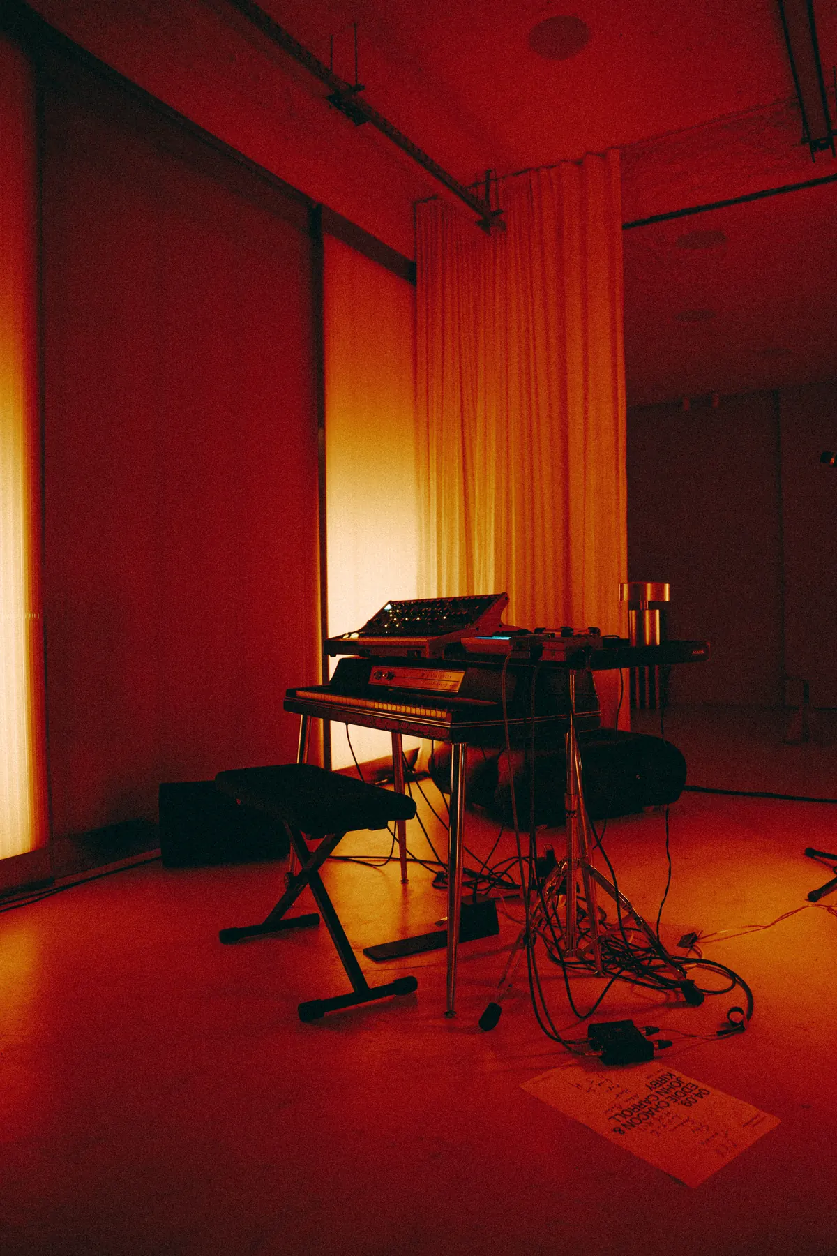 The keyboard rig and the setlist on the floor